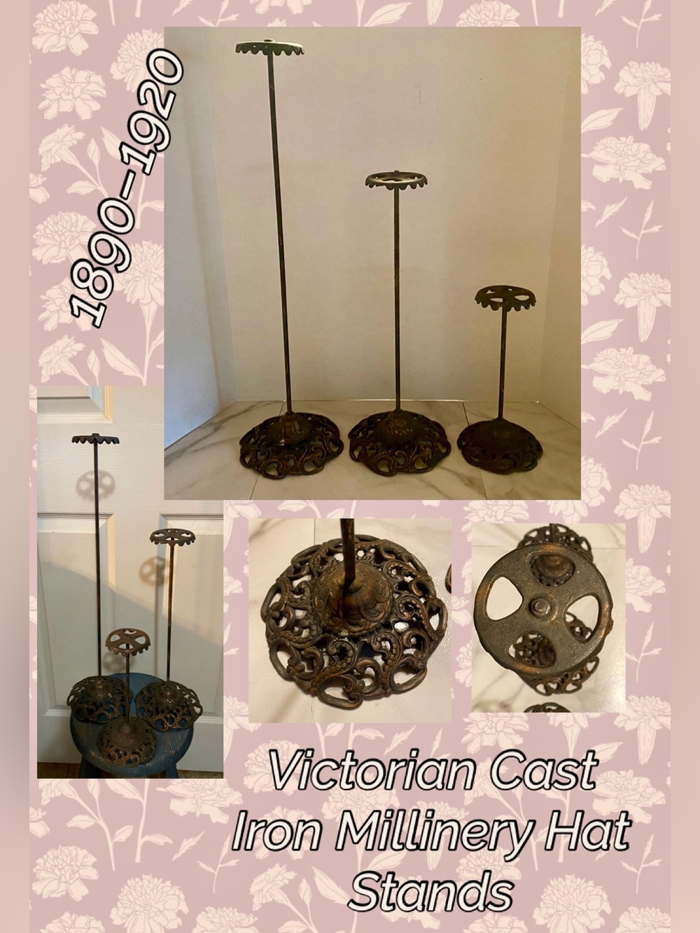 Victorian Cast Iron Millinery Hat Stands - Set of 3 -